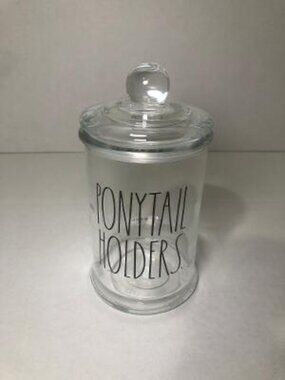 Rae Dunn "PONYTAIL HOLDERS" Glass Jar With Glass Lid 2022